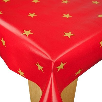 Christmas Red with Gold Stars Vinyl Oilcloth Tablecloth