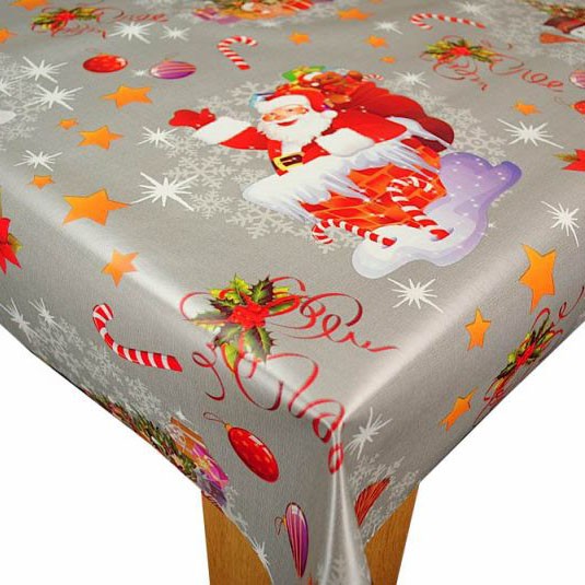 Happy Santa on Silver Vinyl Oilcloth Tablecloth