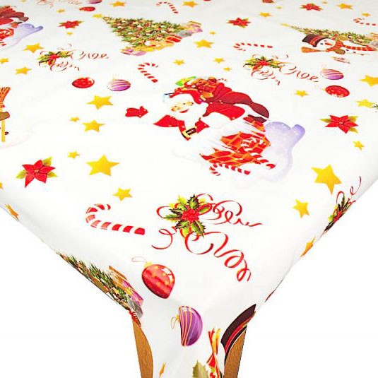 Happy Santa on White Vinyl Oilcloth Tablecloth