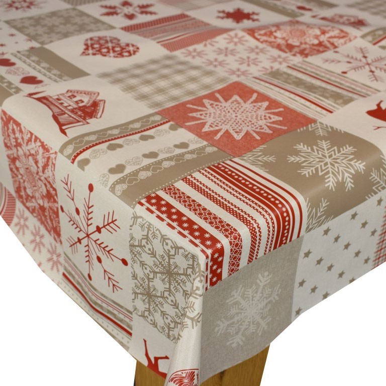Swiss Red Christmas Patchwork Vinyl Oilcloth Tablecloth