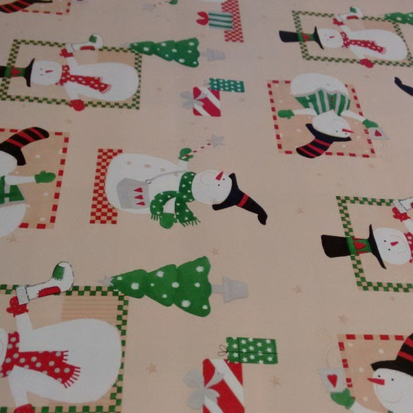 Snowman on Beige Christmas Vinyl Oilcloth Tablecloth