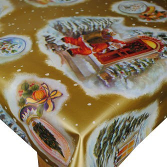 Santas Knocking GOLD Christmas Vinyl Oilcloth Tablecloth