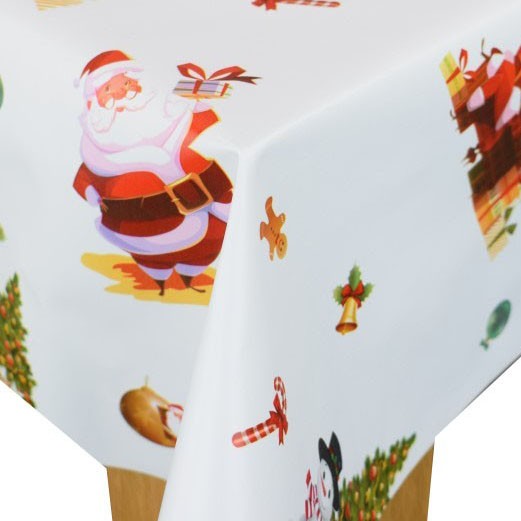 Santa Snowman White Vinyl Oilcloth Tablecloth