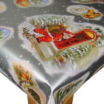 Santas Knocking SILVER Christmas Vinyl Oilcloth Tablecloth