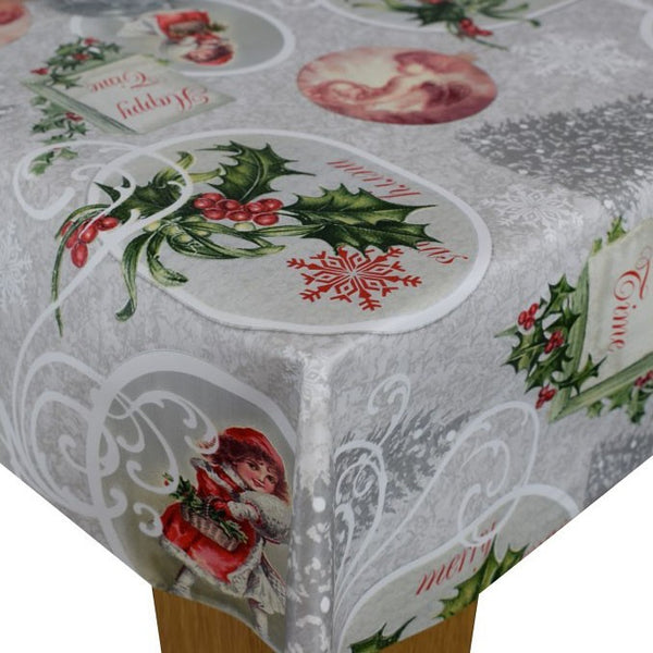 Christmas Time Grey Vinyl Oilcloth Tablecloth