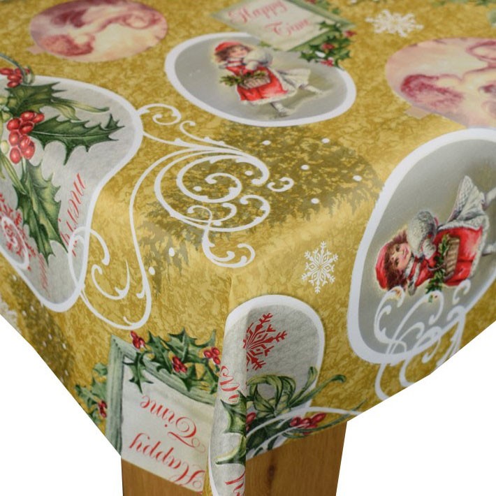 Christmas Time Gold Vinyl Oilcloth Tablecloth