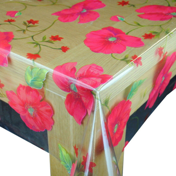 Red Poppies  on Crystal Clear Vinyl Oilcloth Tablecloth
