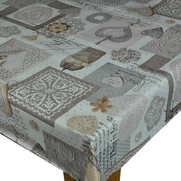 Love Taupe and Grey Vinyl Oilcloth Tablecloth