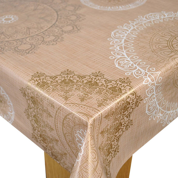 Mandala Taupe Vinyl Oilcloth Tablecloth