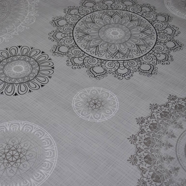 Mandala Grey Vinyl Oilcloth Tablecloth
