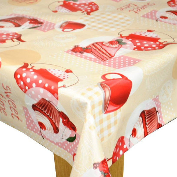 Tea Time Red Vinyl Oilcloth Tablecloth