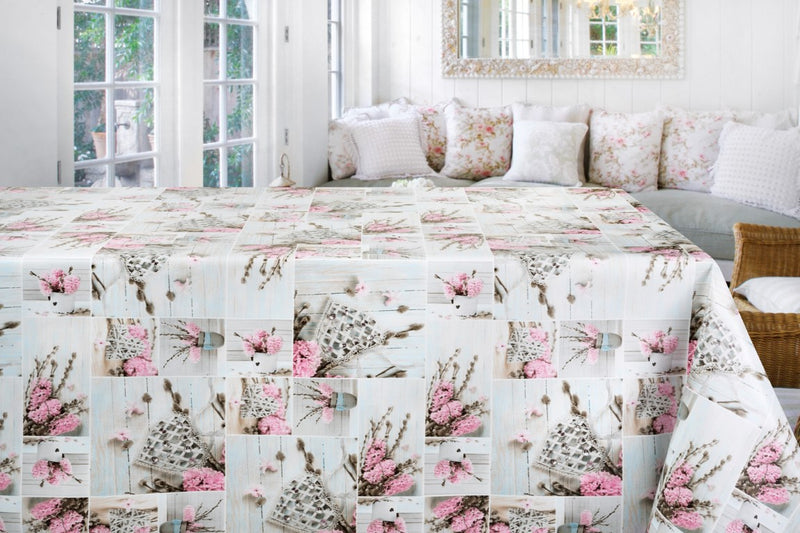 Hearts and Blossom Pink Vinyl Tablecloth