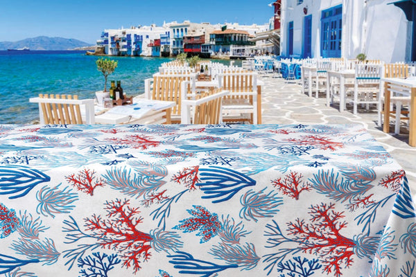 Red Blue Beach Coral Vinyl Oilcloth Tablecloth