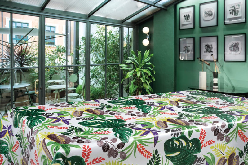 Painted Tropical Leaves Green Vinyl Oilcloth Tablecloth