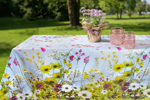 Sky Blue Watercolour Flower Border Vinyl Oilcloth Tablecloth