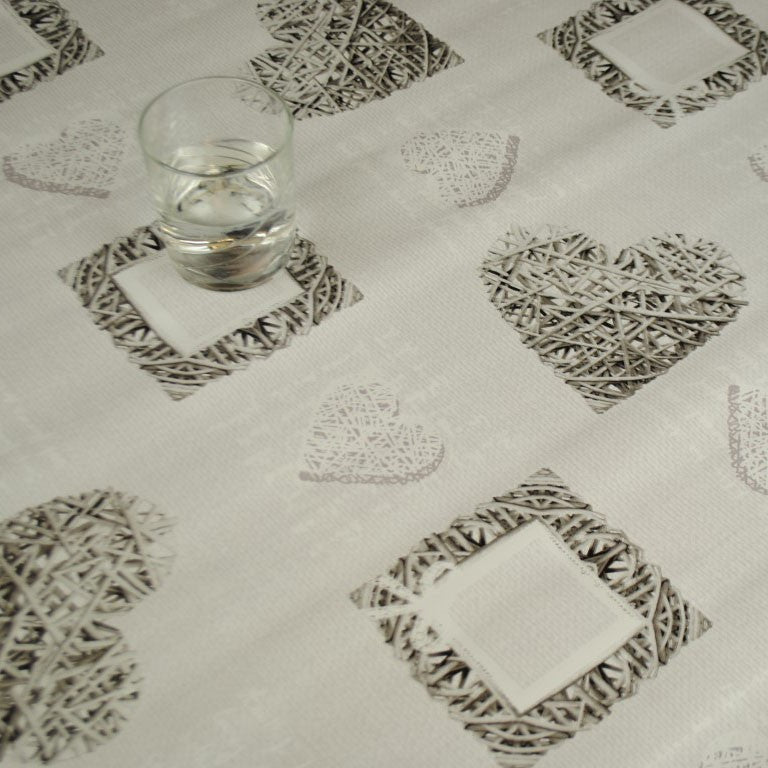 Woven Hearts Grey Vinyl Oilcloth Tablecloth