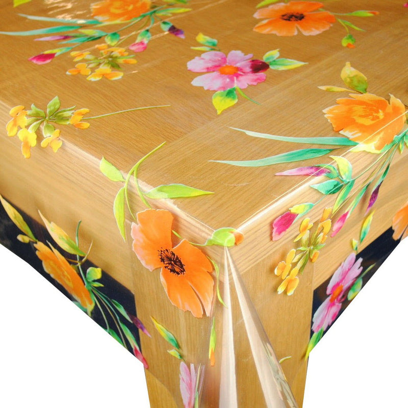 Summer Flowers on Crystal Clear Vinyl Oilcloth Tablecloth
