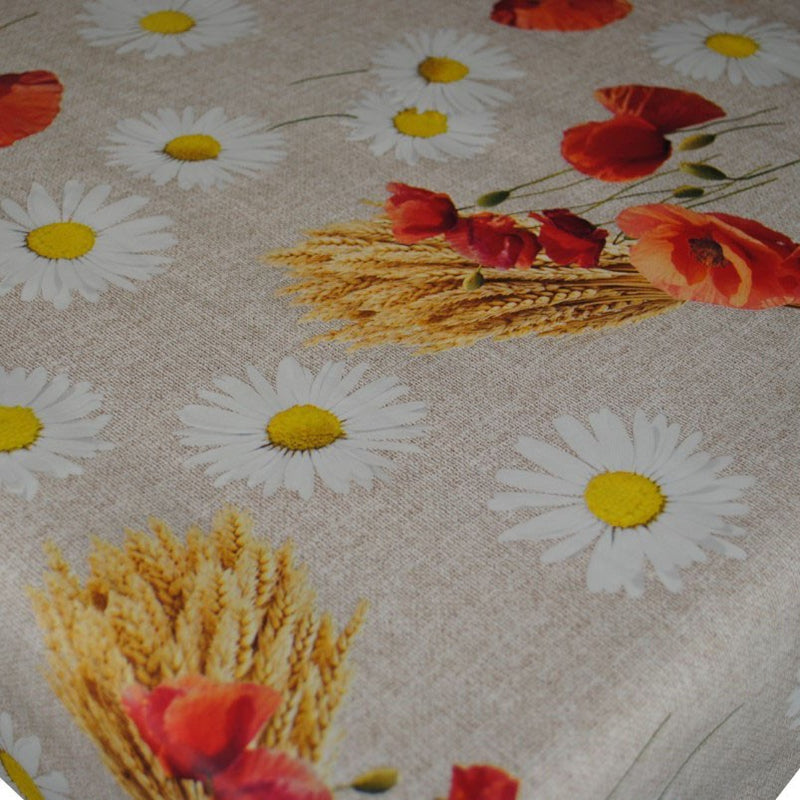 Daisy Poppy and Wheat Vinyl Oilcloth Tablecloth