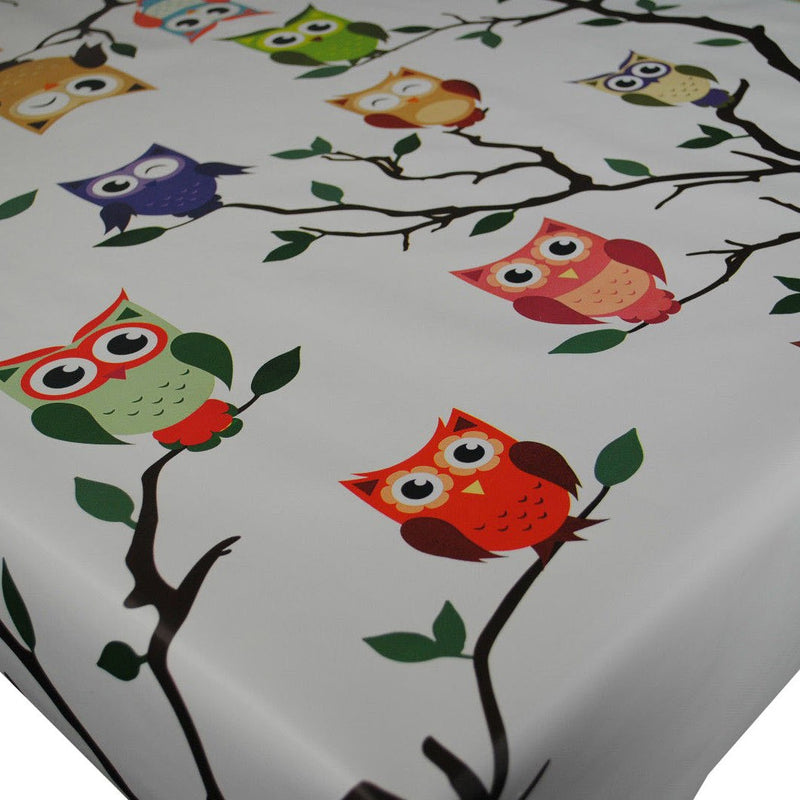 Ozzy Owl on white Vinyl Oilcloth Tablecloth