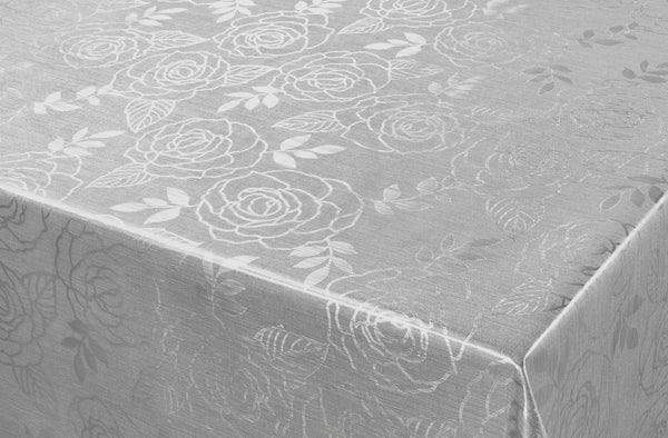 Roses Metallic Grey Vinyl Tablecloth 140cm wide