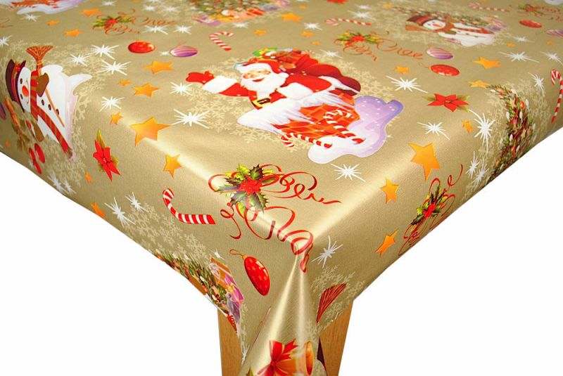 Happy Santa on Gold Vinyl Oilcloth Tablecloth