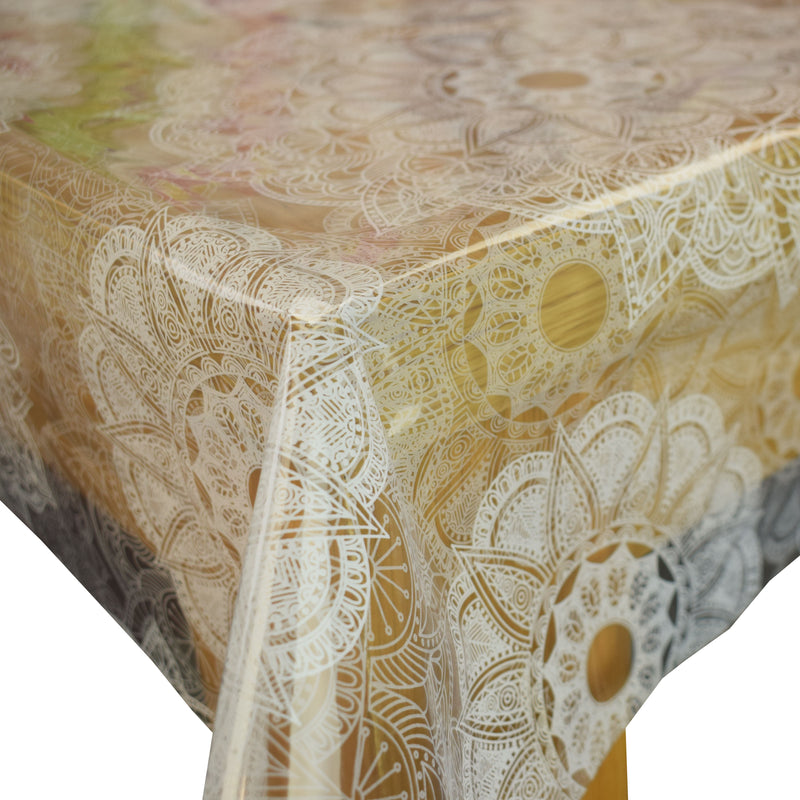 Mandala White on Clear Vinyl Oilcloth Tablecloth