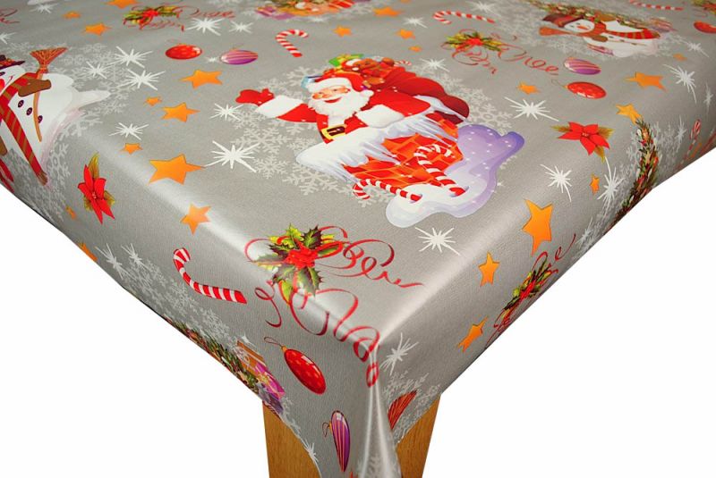 Happy Santa on Silver Vinyl Oilcloth Tablecloth