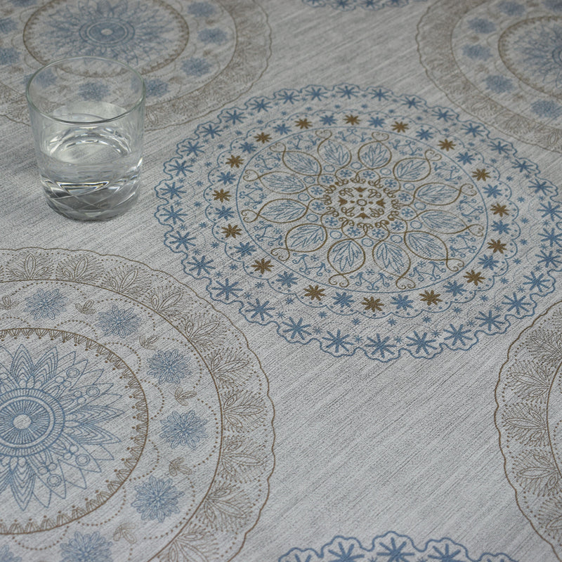 Cairo Grey and Blue Circles Vinyl Oilcloth Tablecloth