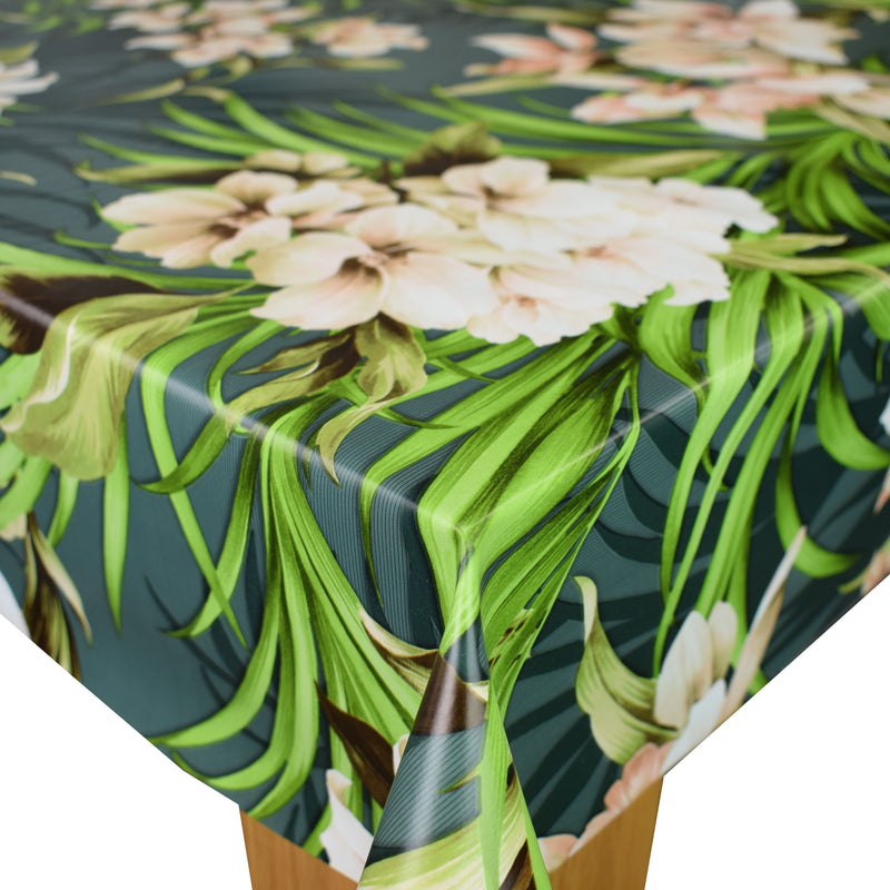 Leona Exotic Flowers Grey Vinyl Oilcloth Tablecloth