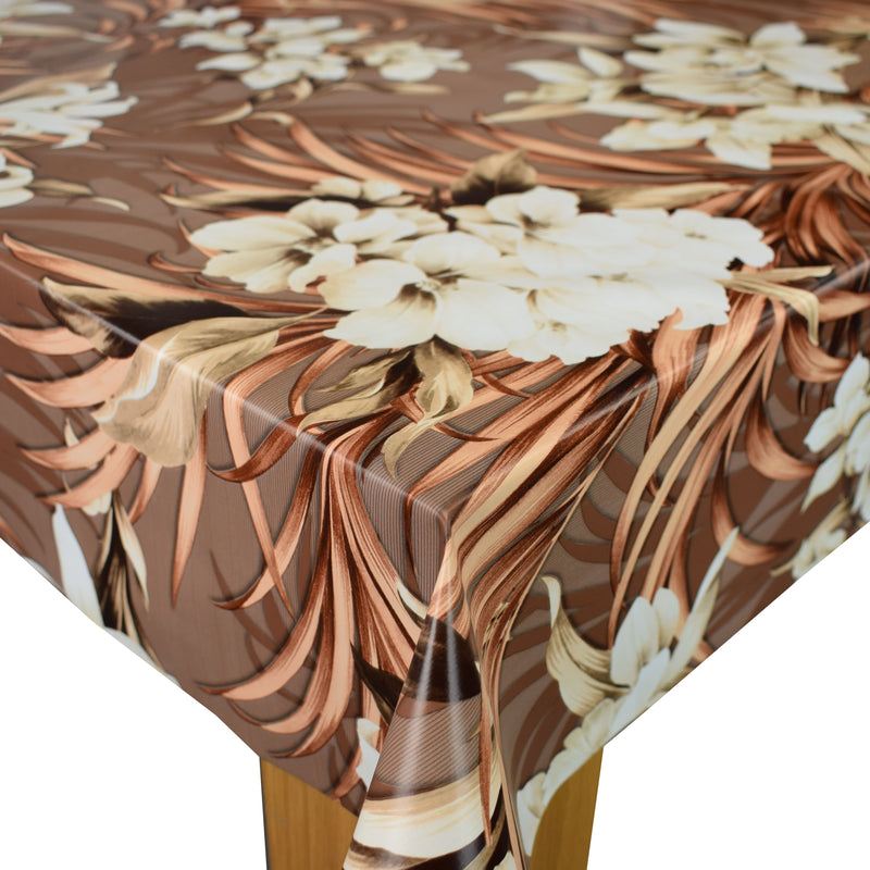 Leona Exotic Flowers Taupe Vinyl Oilcloth Tablecloth