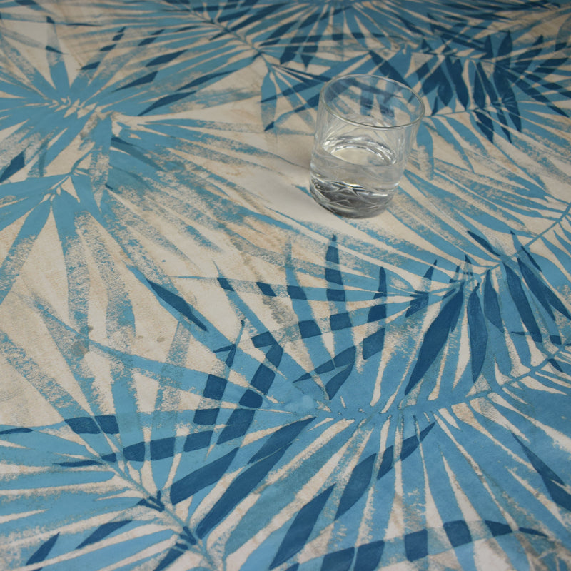 Palm Leaves Blue Vinyl Oilcloth Tablecloth