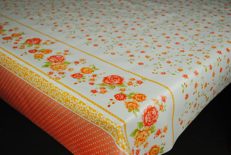 Dainty Orange Flower Border PVC Vinyl Wipe Clean Tablecloth 200cm x 140cm - Warehouse Clearance