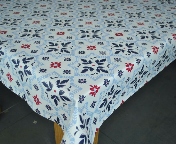 Seville Geometric  Navy Blue and Red  Vinyl Oilcloth Tablecloth
