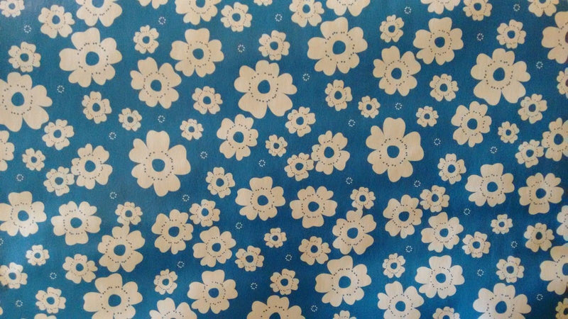Polly Flowers Blue Vinyl Oilcloth Tablecloth