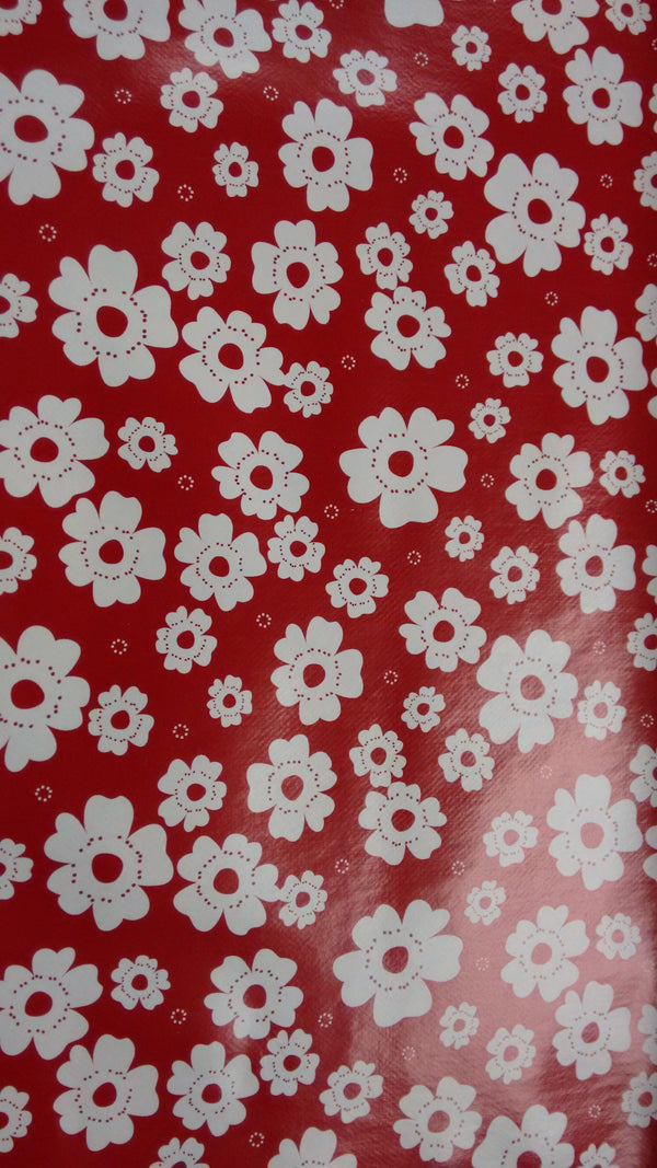 Polly Flowers Red Vinyl Oilcloth Tablecloth