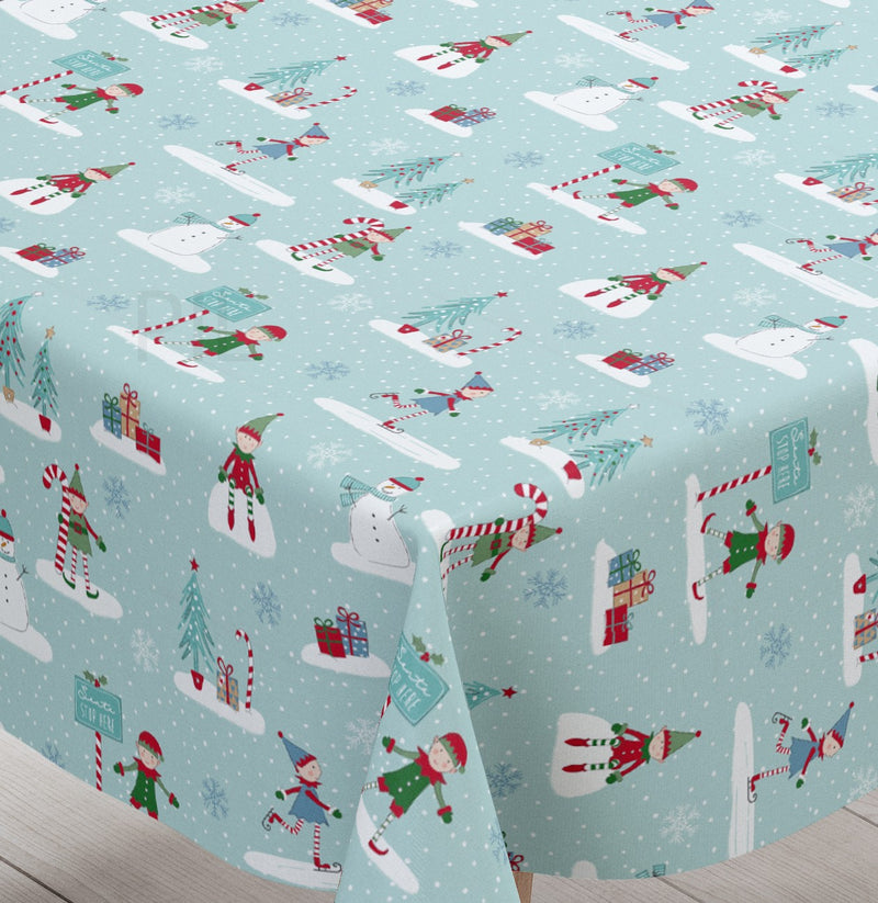 Square Wipe Clean Tablecloth  PVC Oilcloth 132cm x 132cm Christmas Elf on Shelf Duck Egg