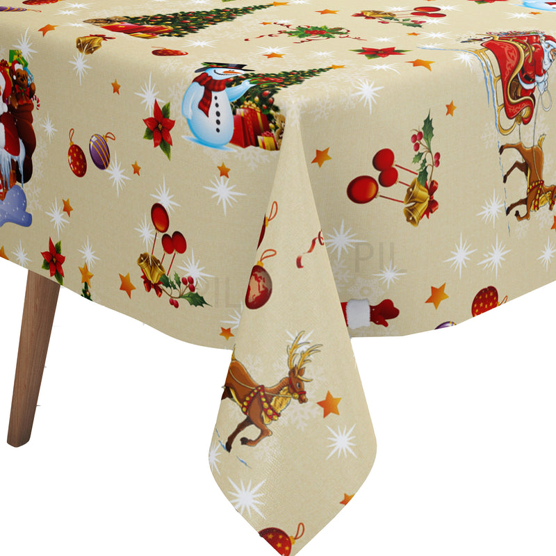 Christmas Santa Sleigh on Natural Vinyl Oilcloth Tablecloth