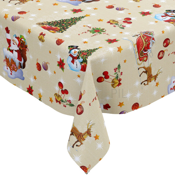 Christmas Santa Sleigh on Natural Vinyl Oilcloth Tablecloth