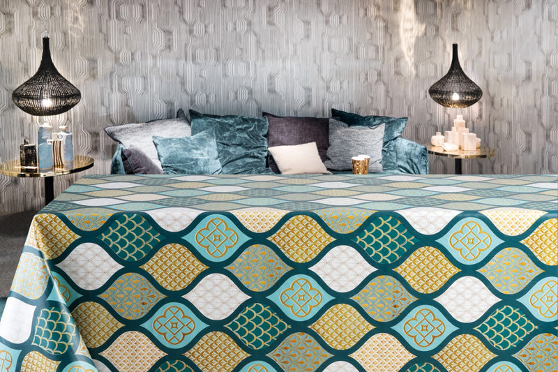 Art Deco Teal Shapes Tex PVC Vinyl Oilcloth Tablecloth