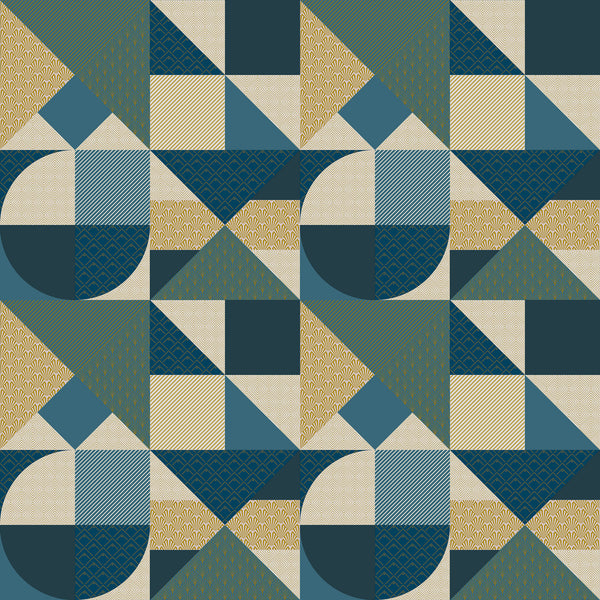 Geometric Art Deco Blue Gold Shapes PVC Vinyl Oilcloth Tablecloth