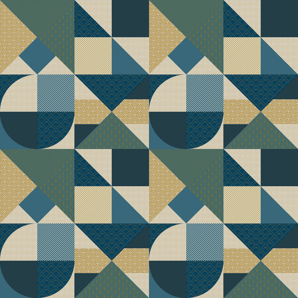 Geometric Art Deco Blue Gold Shapes PVC Vinyl Oilcloth Tablecloth