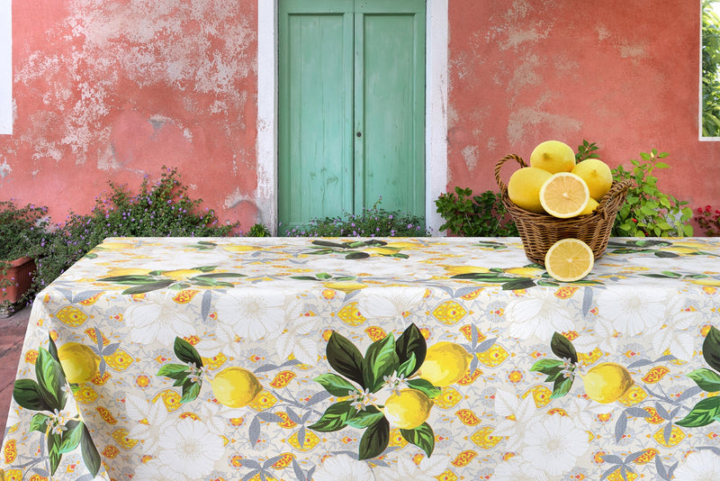 Lemons and Blossom in Bloom Cream Vinyl Tablecloth