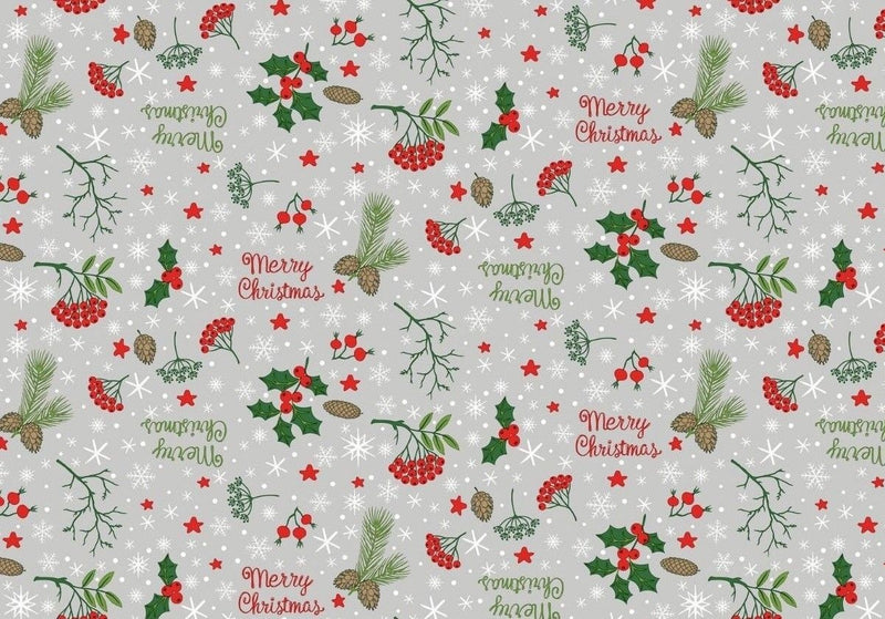Christmas Holly and Berry Silver Grey Vinyl Oilcloth Tablecloth