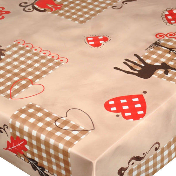 Christmas  Reindeer Gingham Squares Beige Vinyl Oilcloth Tablecloth
