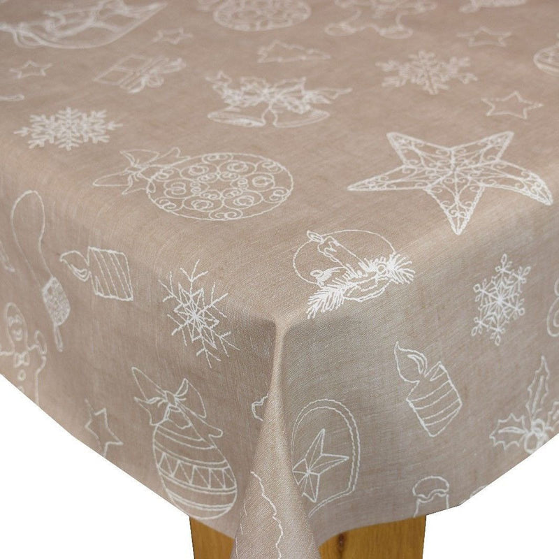 Festive Taupe Christmas Linen Look Vinyl Oilcloth Tablecloth