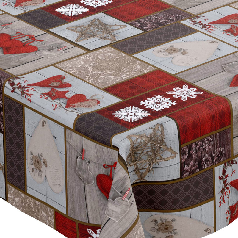 Love Christmas Hearts Grey and Red Vinyl Oilcloth Tablecloth