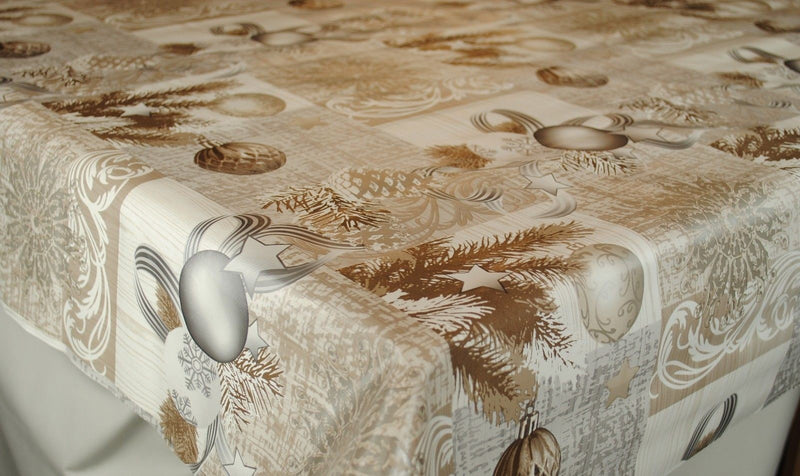 Taupe and Silver Christmas Baubles Vinyl Oilcloth Tablecloth