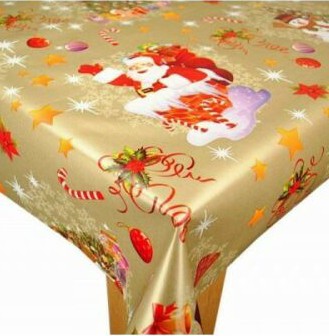 Jolly Santa Gold Christmas PVC Vinyl Wipe Clean Tablecloth 140cm x 200cm Warehouse Clearance