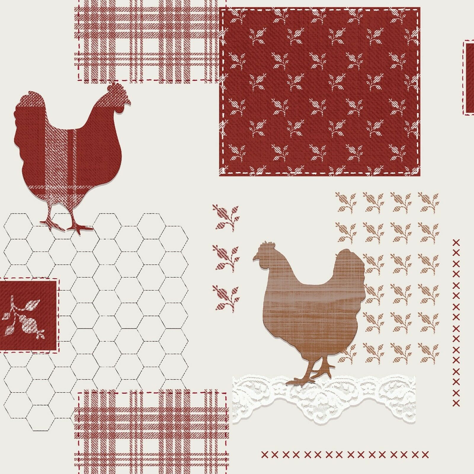Chickens and Hearts Wine Red on Cream Vinyl Oilcloth Tablecloth