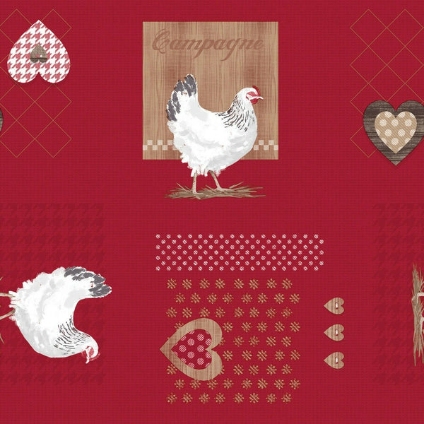 Chickens and Hearts on Red Vinyl Oilcloth Tablecloth